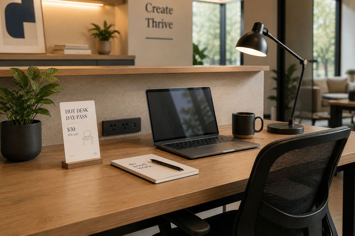 A hot desk with day-pass signage